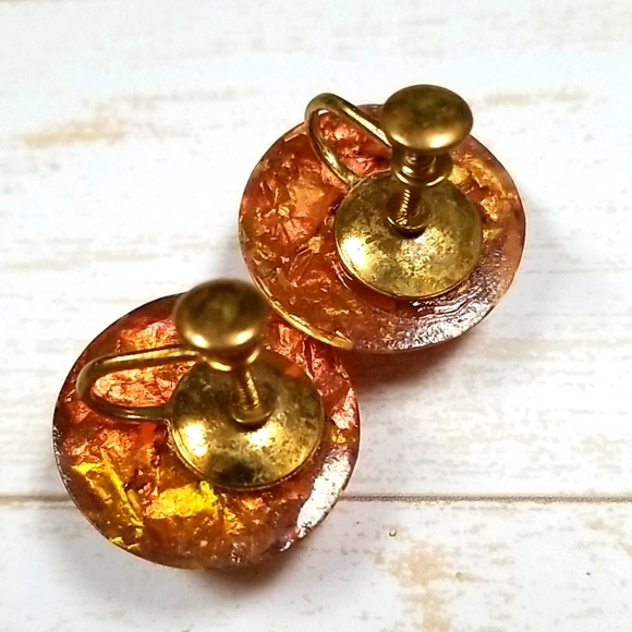 Vintage Mid Century Screw Back Foiled Lucite Acrylic Earrings - Picture 5 of 10